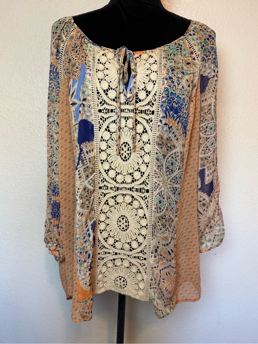 Anthropologie Meadow Rue Roselle Peasant Blouse Crochet Insert Semi Sheer Large - Picture 14 of 14
